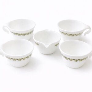 VTG Corelle Milk Glass Tea Cups Hook Handles, Creamer Crazy Daisy Spring Blossom